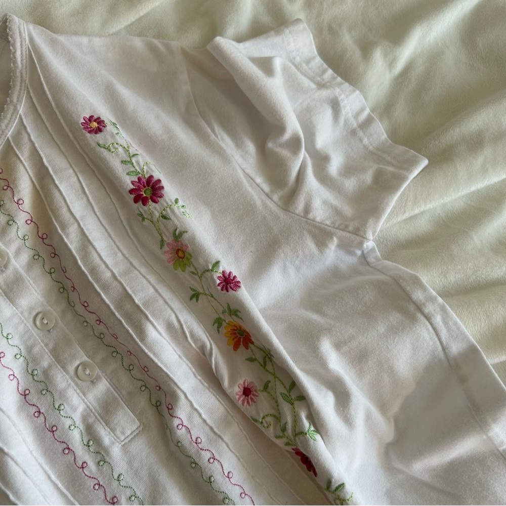 Vintage Embroidered Floral White Short Sleeve Top SZ L - Picture 4 of 9